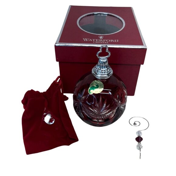 Waterford Winter Wonderland Ruby Red Cut Ball Ornament Box Bag Hook 135438 - Picture 1 of 14
